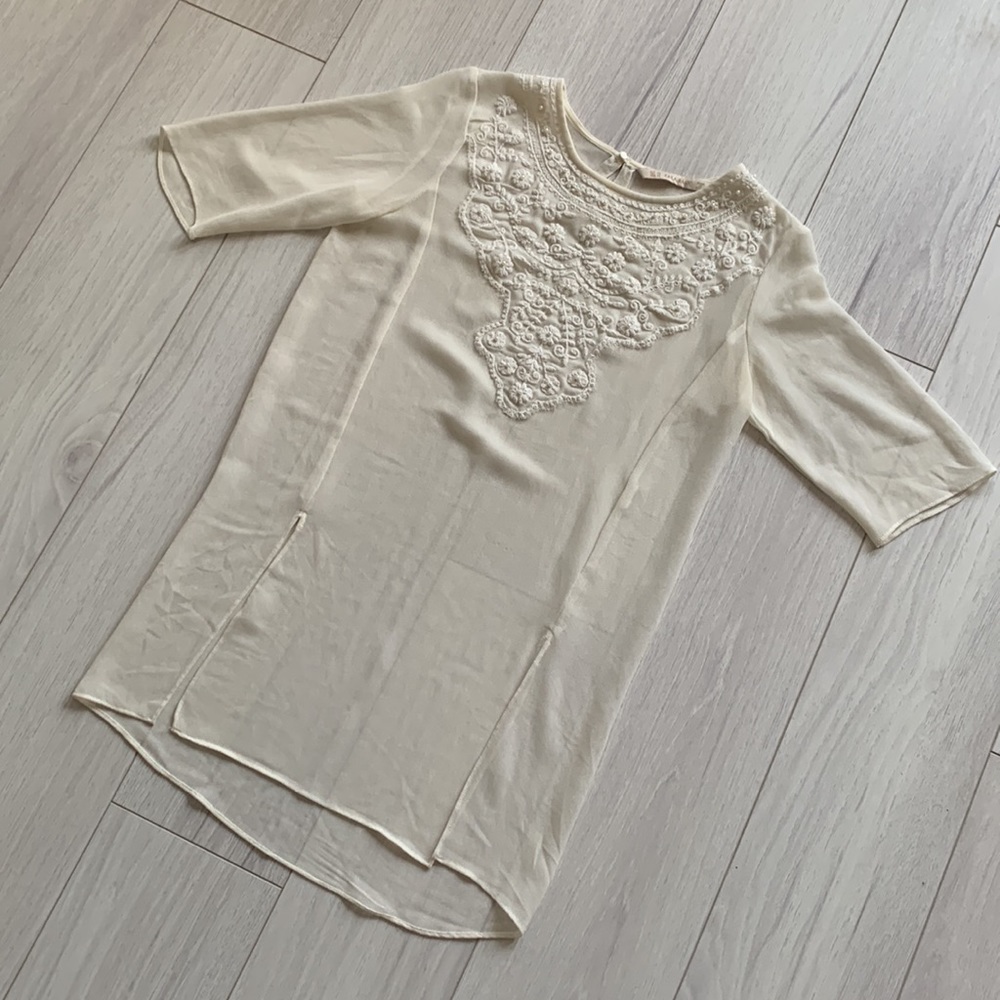 Zara Basic sheer embroidered blouse top with pearl beading in cream